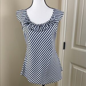 Ruffle Blouse Top Black & White Striped Women's Sleeveless Office Preppy